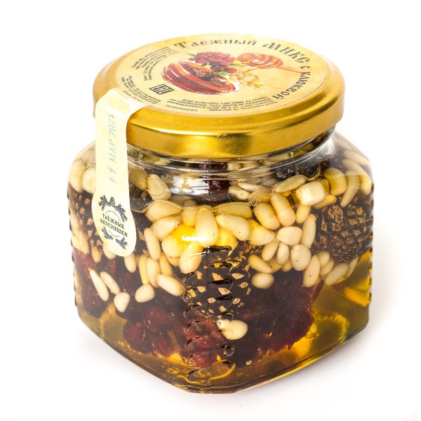 Кедровый орех с клюквой в золотом меду, (Кедровый орех + клюква вяленая в золотом меду), 100мл.
